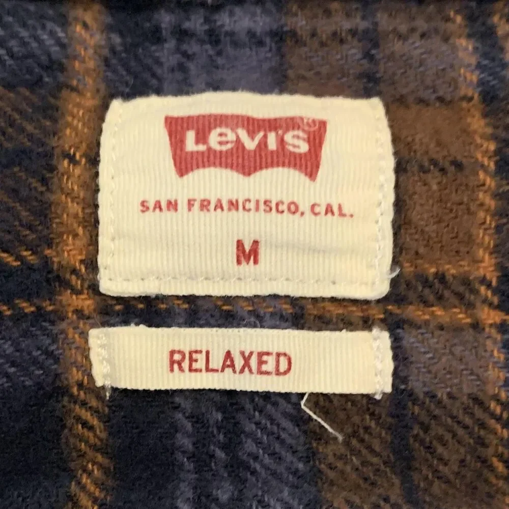 Levis Shirt Mens Medium Blue Brown Plaid‎ Flannel Button Front Relaxed Fit